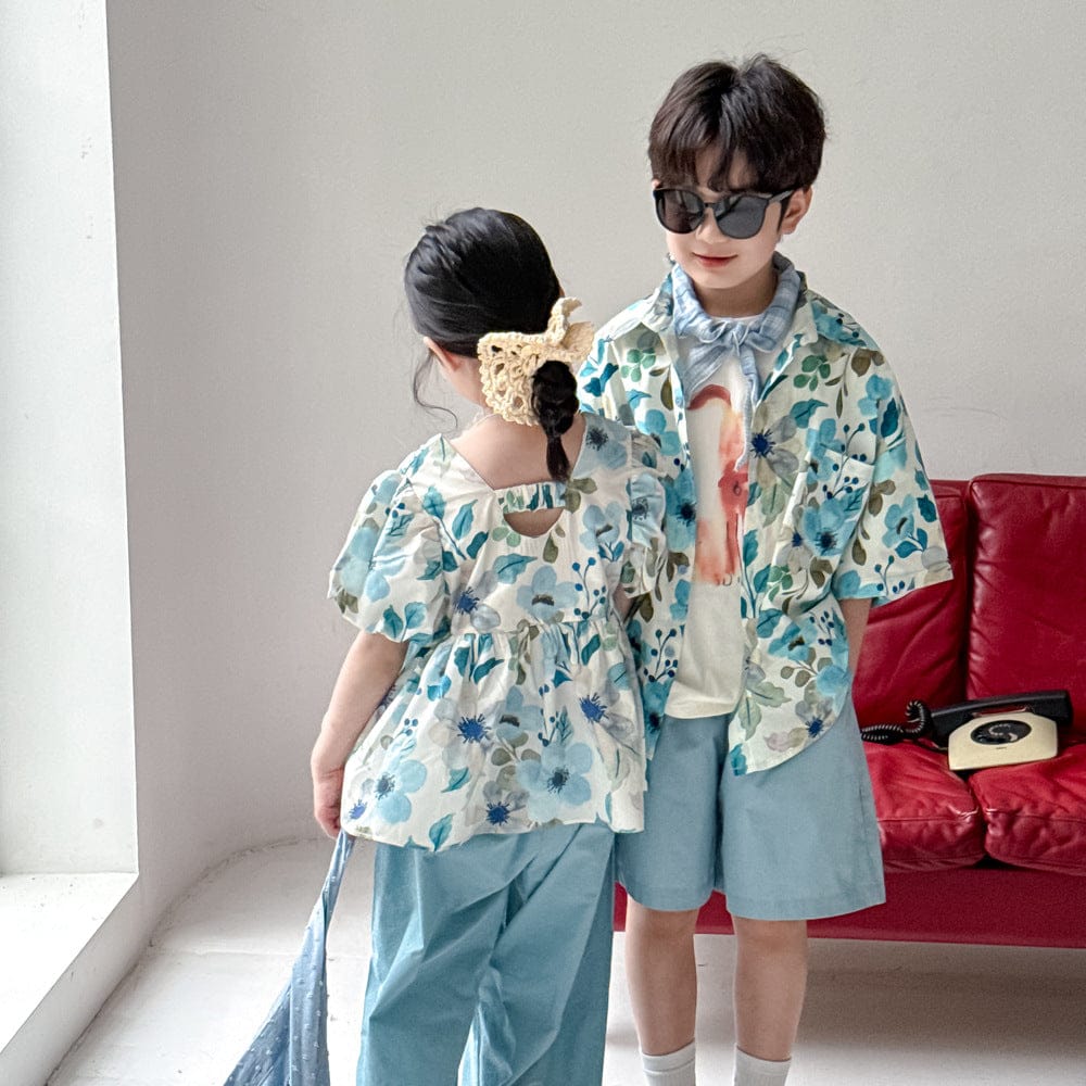 半袖セットアップ フラワープリント半袖チュニック+ワイドルーズパンツセット/半袖シャツ+ショートパンツセット【mh0010049】