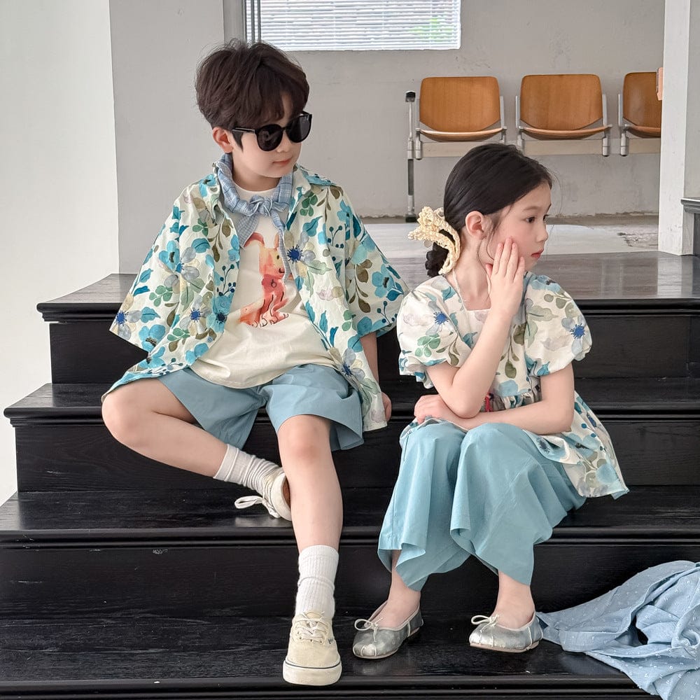 半袖セットアップ フラワープリント半袖チュニック+ワイドルーズパンツセット/半袖シャツ+ショートパンツセット【mh0010049】