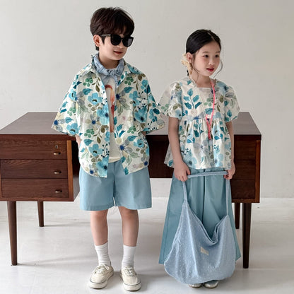 半袖セットアップ フラワープリント半袖チュニック+ワイドルーズパンツセット/半袖シャツ+ショートパンツセット【mh0010049】