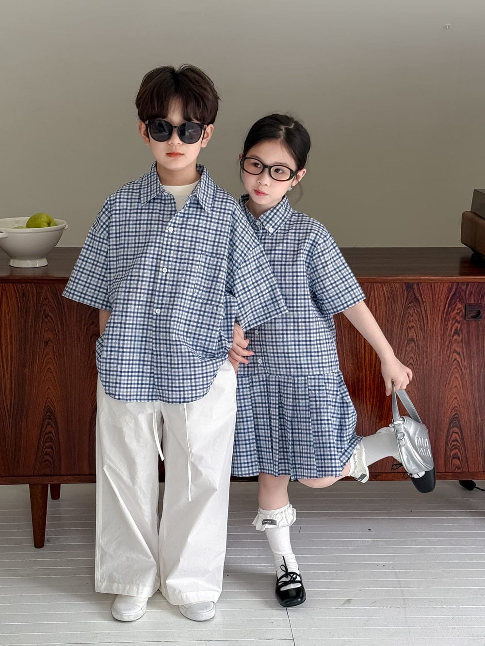 半袖セットアップ レトロチェック半袖プリーツスカートワンピース/半袖シャツ/ルーズロングパンツ【mh0010051】