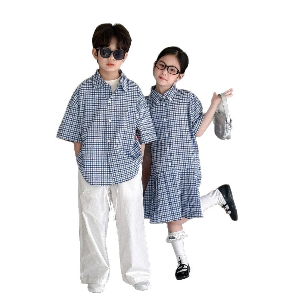 半袖セットアップ レトロチェック半袖プリーツスカートワンピース/半袖シャツ/ルーズロングパンツ【mh0010051】