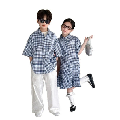 半袖セットアップ レトロチェック半袖プリーツスカートワンピース/半袖シャツ/ルーズロングパンツ【mh0010051】