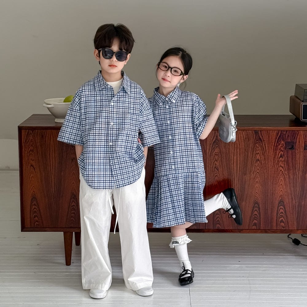 半袖セットアップ レトロチェック半袖プリーツスカートワンピース/半袖シャツ/ルーズロングパンツ【mh0010051】