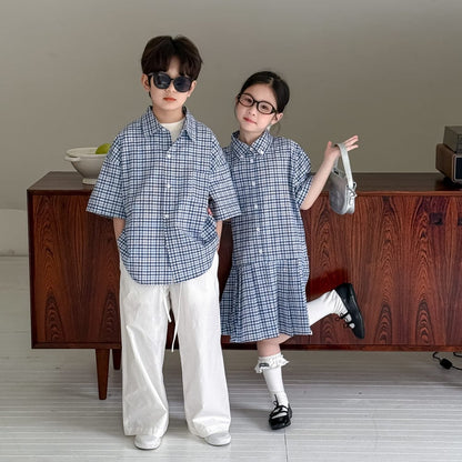 半袖セットアップ レトロチェック半袖プリーツスカートワンピース/半袖シャツ/ルーズロングパンツ【mh0010051】