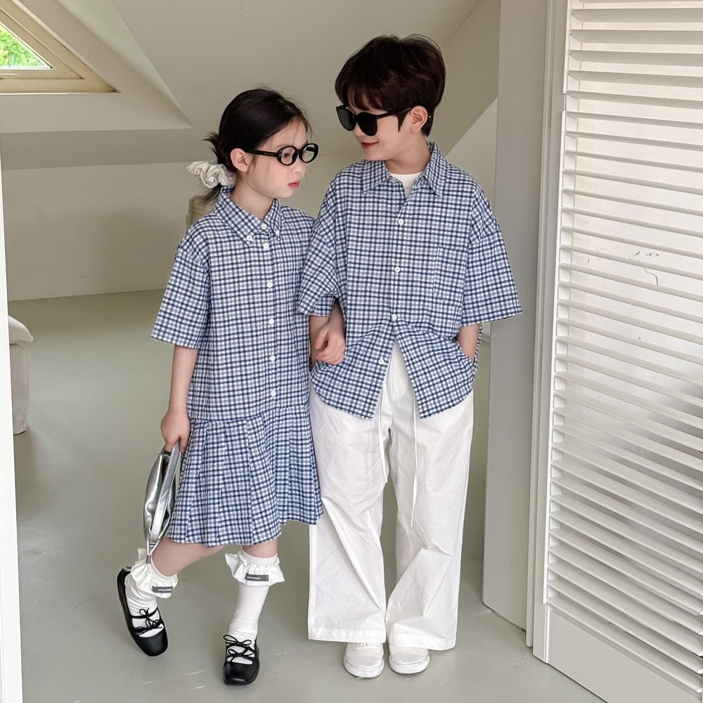 半袖セットアップ レトロチェック半袖プリーツスカートワンピース/半袖シャツ/ルーズロングパンツ【mh0010051】