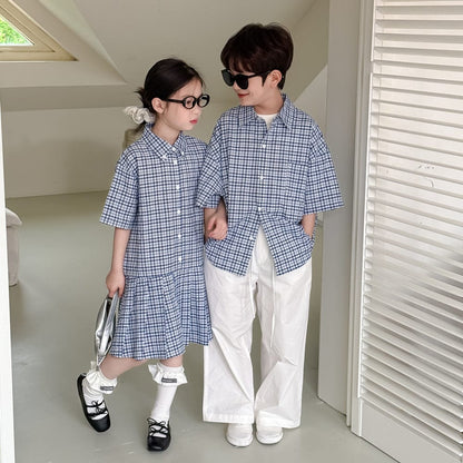 半袖セットアップ レトロチェック半袖プリーツスカートワンピース/半袖シャツ/ルーズロングパンツ【mh0010051】