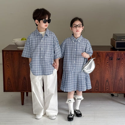 半袖セットアップ レトロチェック半袖プリーツスカートワンピース/半袖シャツ/ルーズロングパンツ【mh0010051】