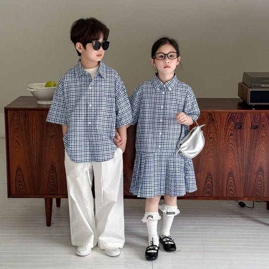 半袖セットアップ レトロチェック半袖プリーツスカートワンピース/半袖シャツ/ルーズロングパンツ【mh0010051】