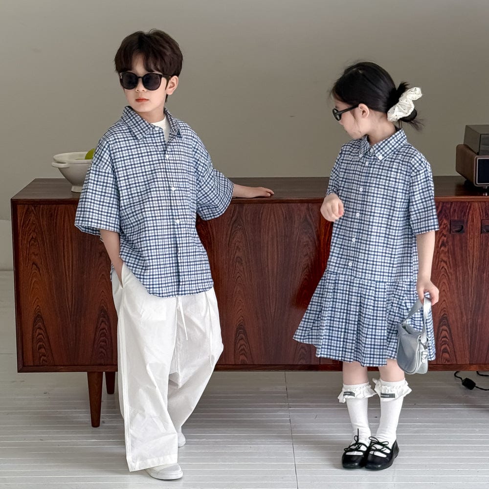 半袖セットアップ レトロチェック半袖プリーツスカートワンピース/半袖シャツ/ルーズロングパンツ【mh0010051】