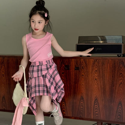 ノースリーブセットアップ レターロゴプリントタンクトップ/チェックアシメスカート【mh0010057】