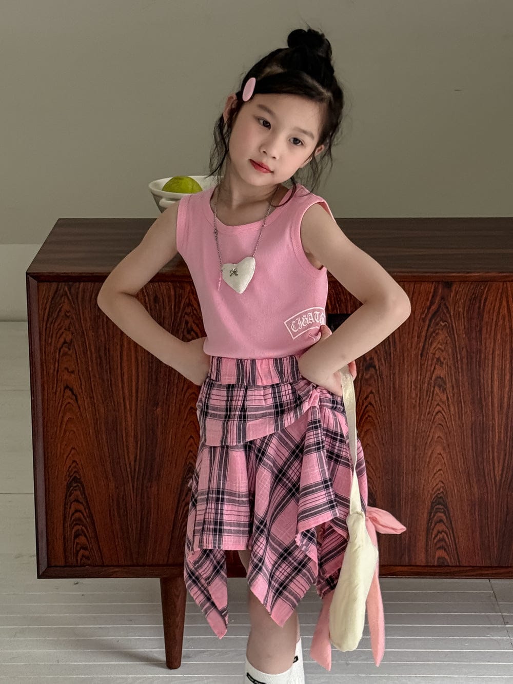 ノースリーブセットアップ レターロゴプリントタンクトップ/チェックアシメスカート【mh0010057】