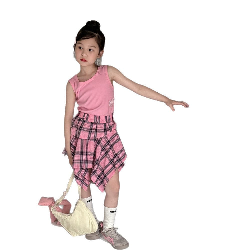 ノースリーブセットアップ レターロゴプリントタンクトップ/チェックアシメスカート【mh0010057】