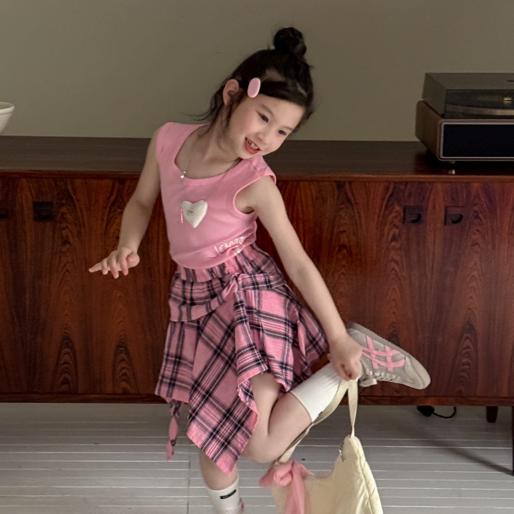 ノースリーブセットアップ レターロゴプリントタンクトップ/チェックアシメスカート【mh0010057】