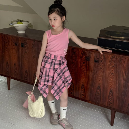 ノースリーブセットアップ レターロゴプリントタンクトップ/チェックアシメスカート【mh0010057】