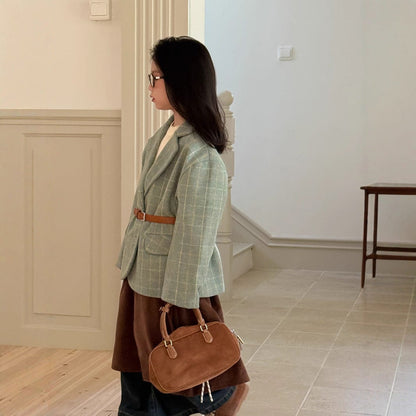 ショートコート・ジャケット・ジャンパー ギンガムチェック柄ウールブレンドジャケット 秋の韓国風フォーマルブレザー【mh0010757】