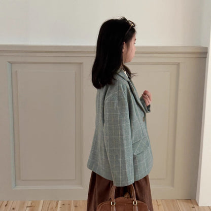 ショートコート・ジャケット・ジャンパー ギンガムチェック柄ウールブレンドジャケット 秋の韓国風フォーマルブレザー【mh0010757】