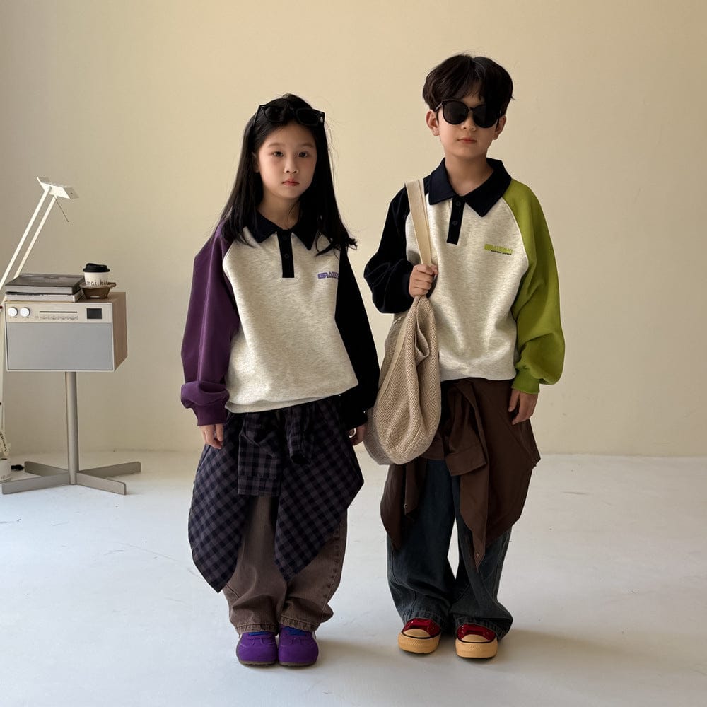 長袖シャツ・ブラウス ポロ襟パッチワーク長袖スウェット プルオーバーゆったりシルエット【mh0010763】