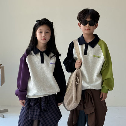 長袖シャツ・ブラウス ポロ襟パッチワーク長袖スウェット プルオーバーゆったりシルエット【mh0010763】