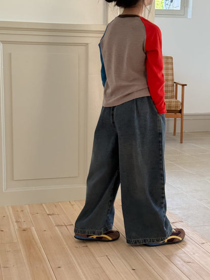 デニムパンツ プリーツ切り替えデニムワイドパンツジーンズ【mh0010767】
