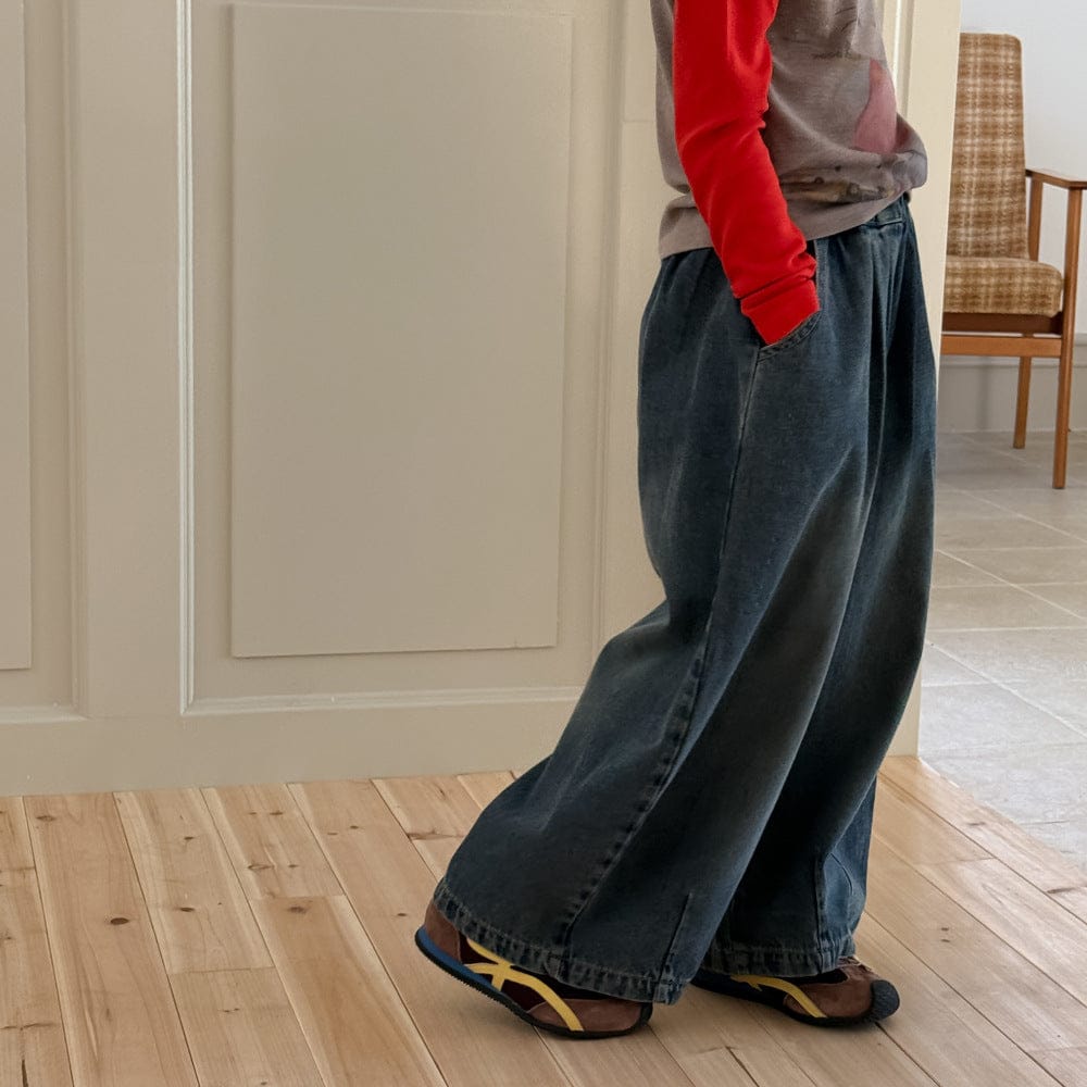 デニムパンツ プリーツ切り替えデニムワイドパンツジーンズ【mh0010767】