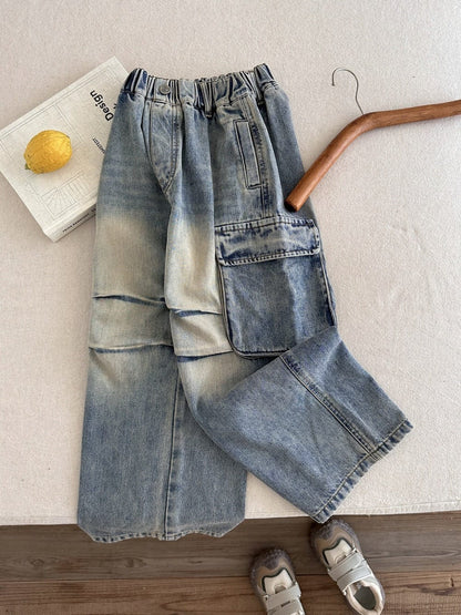 デニムパンツ ルーズビッグポケットデニムカーゴパンツジーンズ【mh0010770】