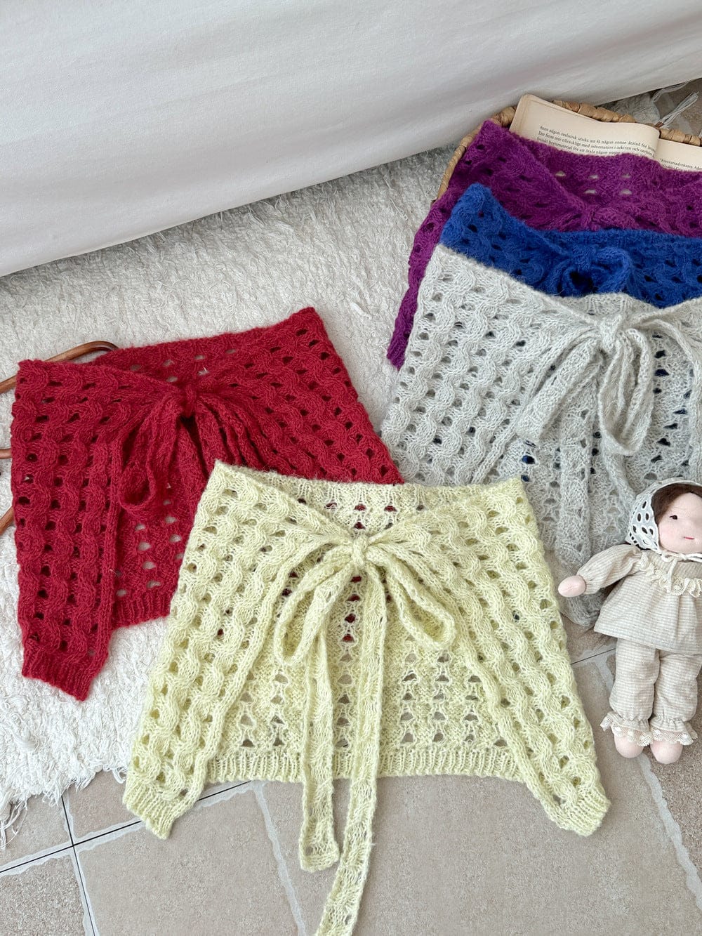 スカート サイドリボン透かし編みニット巻きスカート【mh0010771】