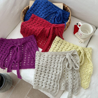 スカート サイドリボン透かし編みニット巻きスカート【mh0010771】