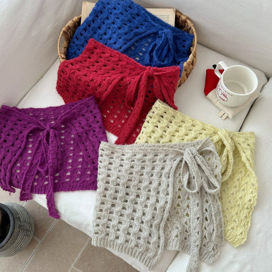 スカート サイドリボン透かし編みニット巻きスカート【mh0010771】