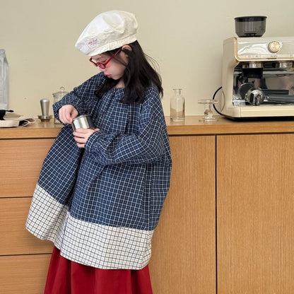 長袖セットアップ ギンガムチェック長袖シャツ/ワイドガウチョパンツ パッチワーク切り替えカジュアルトップス【mh0010773】