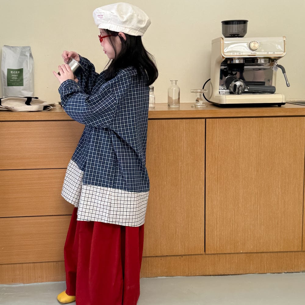 長袖セットアップ ギンガムチェック長袖シャツ/ワイドガウチョパンツ パッチワーク切り替えカジュアルトップス【mh0010773】