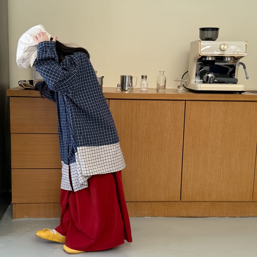 長袖セットアップ ギンガムチェック長袖シャツ/ワイドガウチョパンツ パッチワーク切り替えカジュアルトップス【mh0010773】