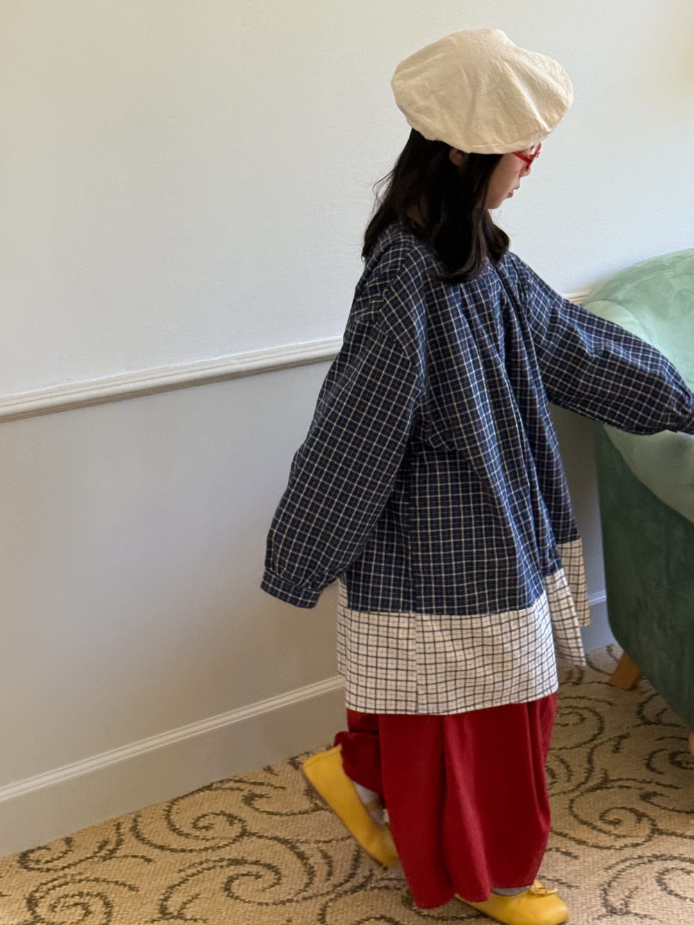 長袖セットアップ ギンガムチェック長袖シャツ/ワイドガウチョパンツ パッチワーク切り替えカジュアルトップス【mh0010773】