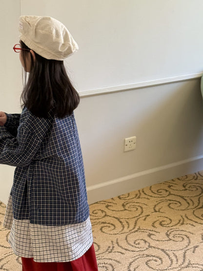 長袖セットアップ ギンガムチェック長袖シャツ/ワイドガウチョパンツ パッチワーク切り替えカジュアルトップス【mh0010773】