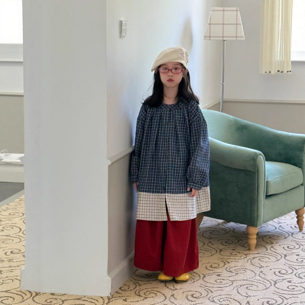 長袖セットアップ ギンガムチェック長袖シャツ/ワイドガウチョパンツ パッチワーク切り替えカジュアルトップス【mh0010773】