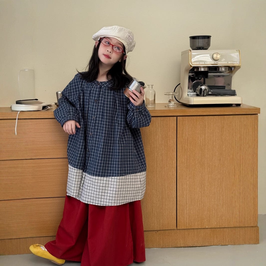 長袖セットアップ ギンガムチェック長袖シャツ/ワイドガウチョパンツ パッチワーク切り替えカジュアルトップス【mh0010773】