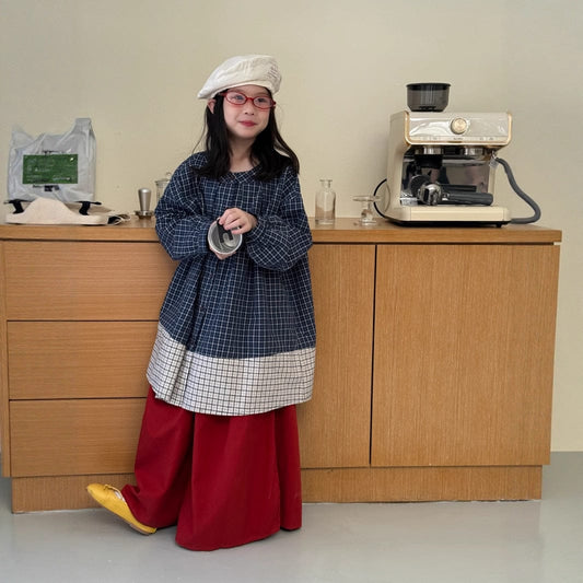 長袖セットアップ ギンガムチェック長袖シャツ/ワイドガウチョパンツ パッチワーク切り替えカジュアルトップス【mh0010773】