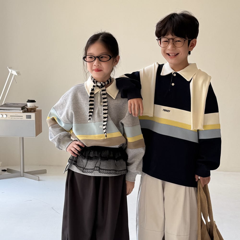 長袖シャツ・ブラウス ビッグボーダー長袖スウェットポロシャツ ロゴ刺繍入り襟付きトップス【mh0010779】