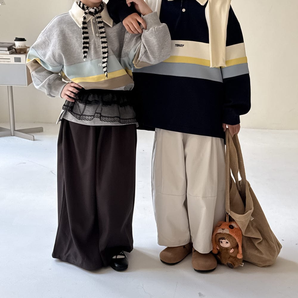 長袖シャツ・ブラウス ビッグボーダー長袖スウェットポロシャツ ロゴ刺繍入り襟付きトップス【mh0010779】