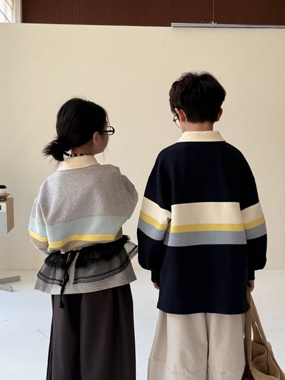 長袖シャツ・ブラウス ビッグボーダー長袖スウェットポロシャツ ロゴ刺繍入り襟付きトップス【mh0010779】