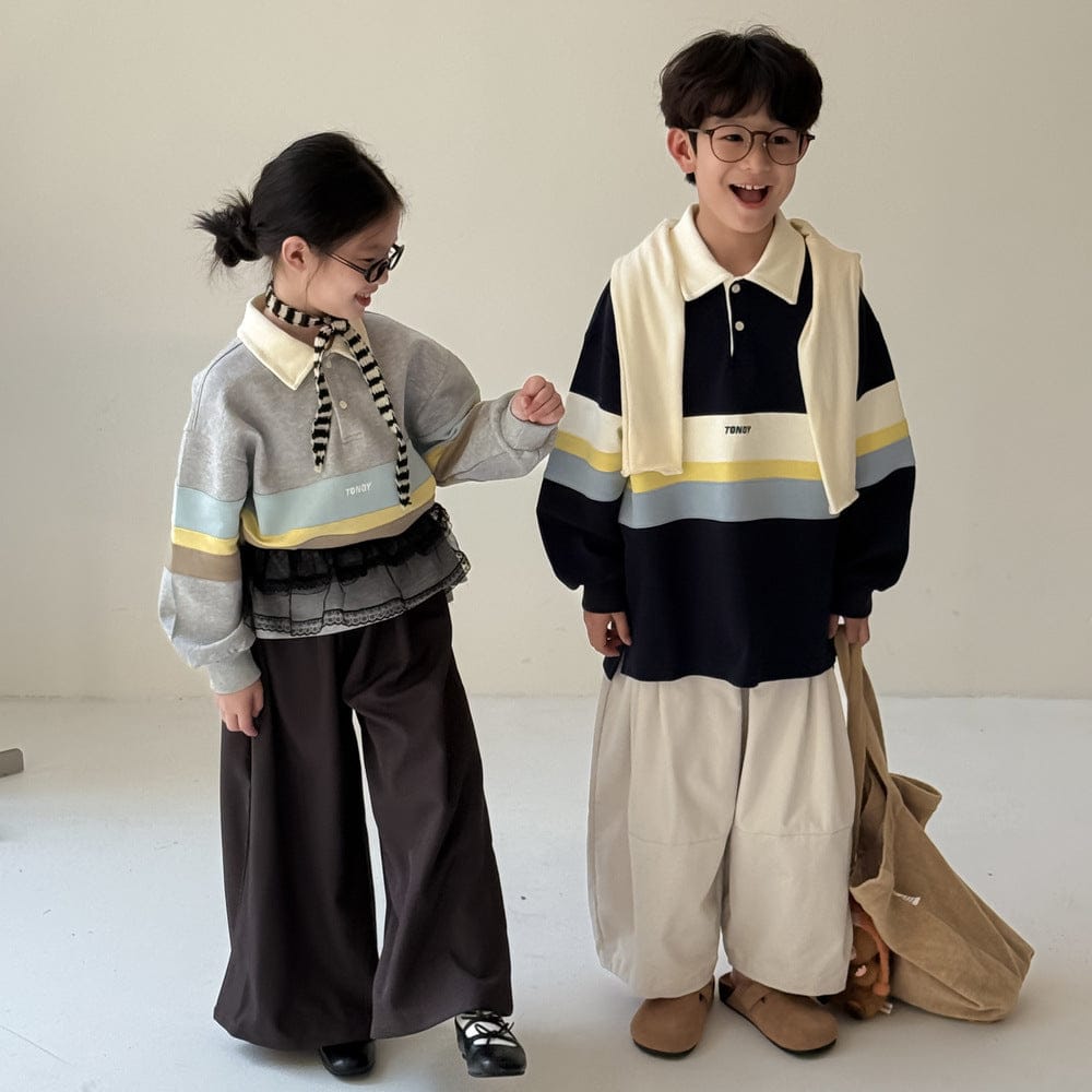 長袖シャツ・ブラウス ビッグボーダー長袖スウェットポロシャツ ロゴ刺繍入り襟付きトップス【mh0010779】