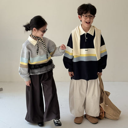 長袖シャツ・ブラウス ビッグボーダー長袖スウェットポロシャツ ロゴ刺繍入り襟付きトップス【mh0010779】