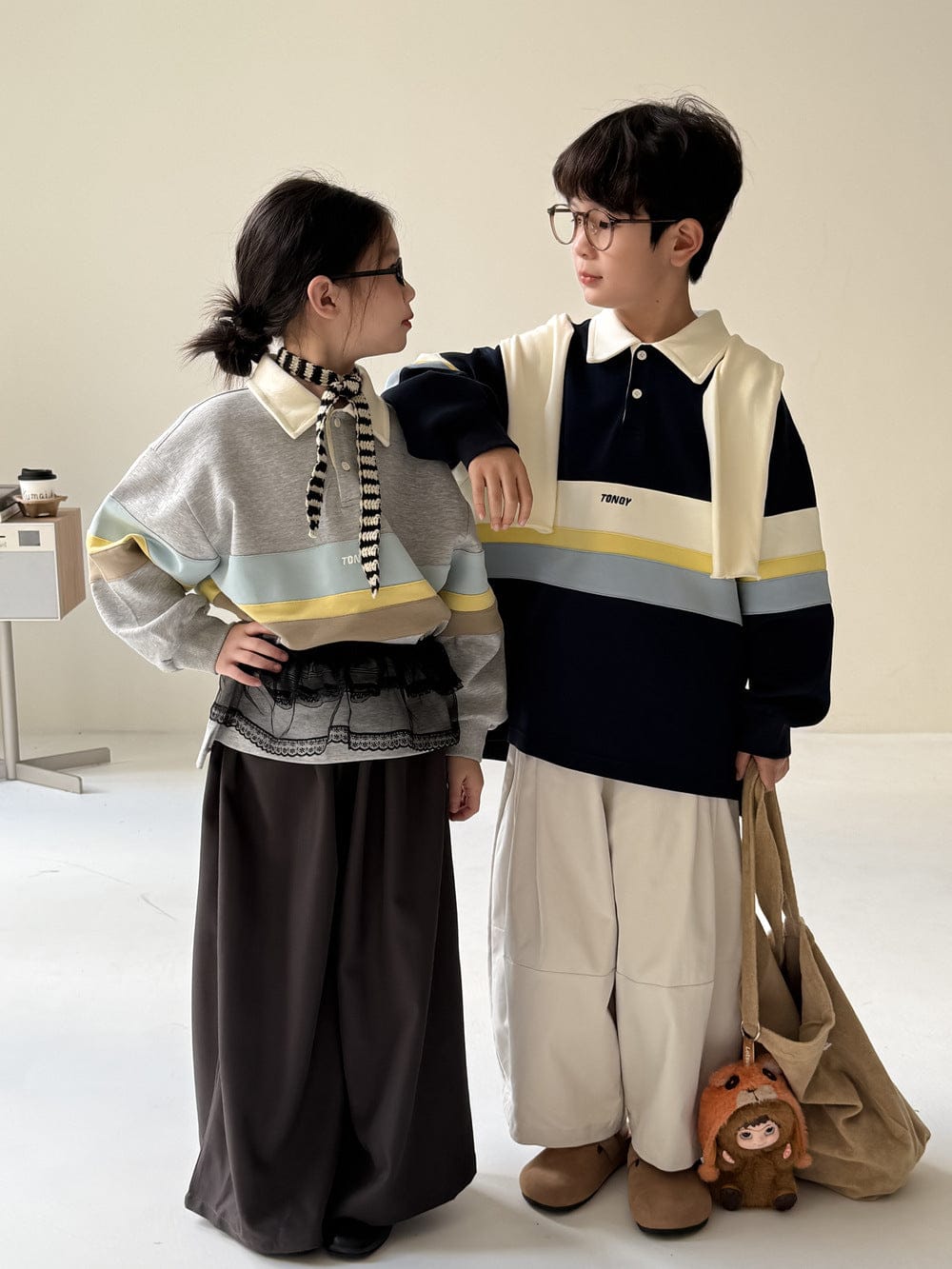 長袖シャツ・ブラウス ビッグボーダー長袖スウェットポロシャツ ロゴ刺繍入り襟付きトップス【mh0010779】