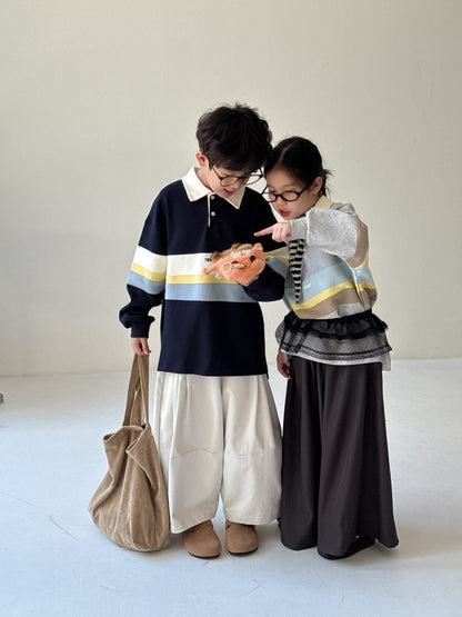 長袖シャツ・ブラウス ビッグボーダー長袖スウェットポロシャツ ロゴ刺繍入り襟付きトップス【mh0010779】