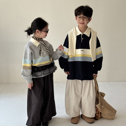 長袖シャツ・ブラウス ビッグボーダー長袖スウェットポロシャツ ロゴ刺繍入り襟付きトップス【mh0010779】