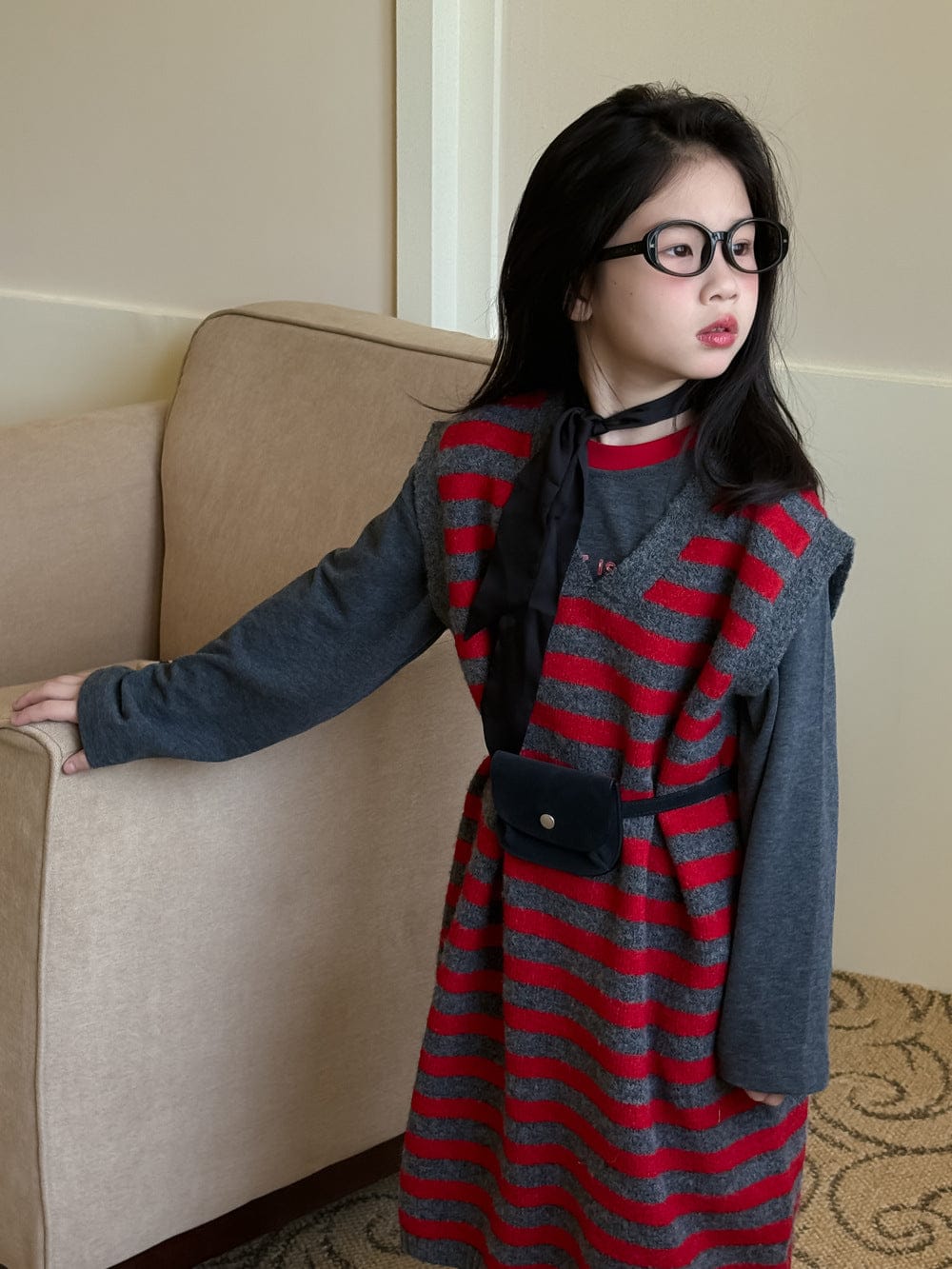 ノースリーブワンピース レッドボーダー柄ニットベストワンピース【mh0010935】