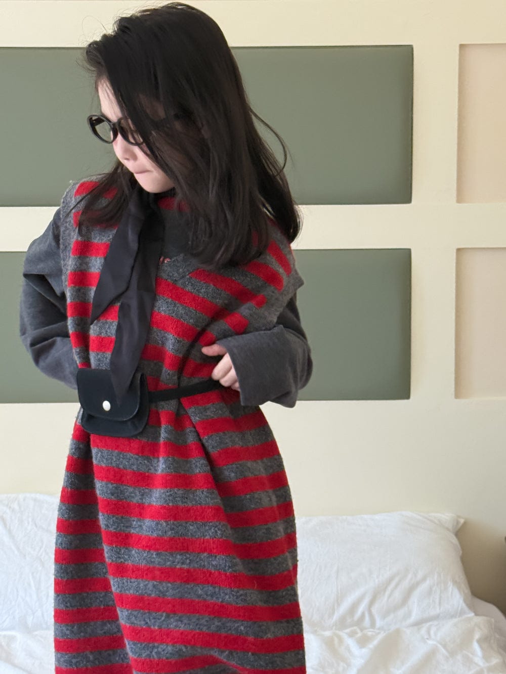 ノースリーブワンピース レッドボーダー柄ニットベストワンピース【mh0010935】