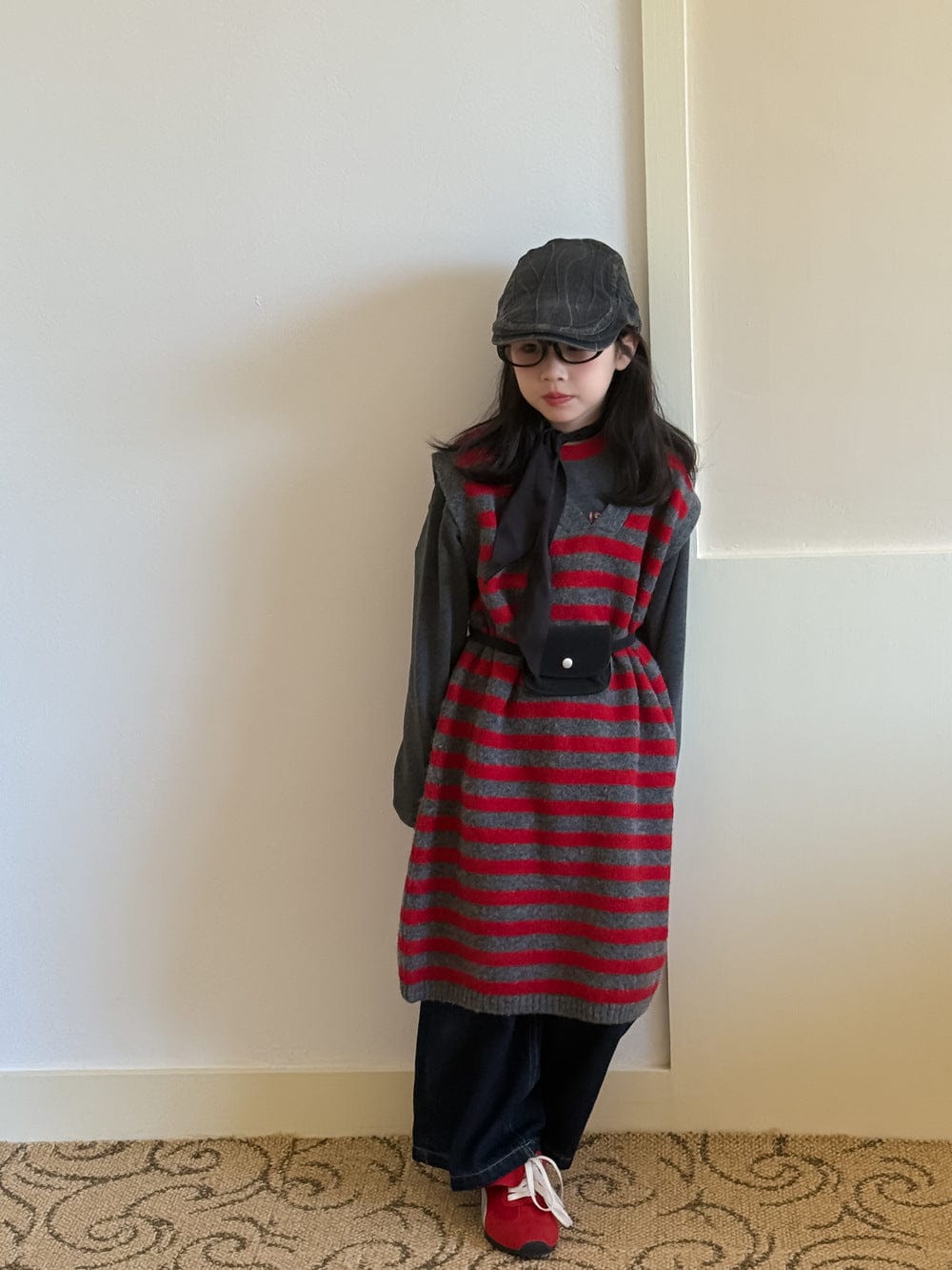 ノースリーブワンピース レッドボーダー柄ニットベストワンピース【mh0010935】