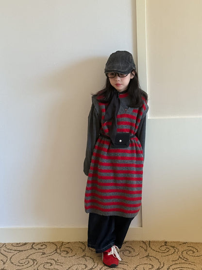 ノースリーブワンピース レッドボーダー柄ニットベストワンピース【mh0010935】