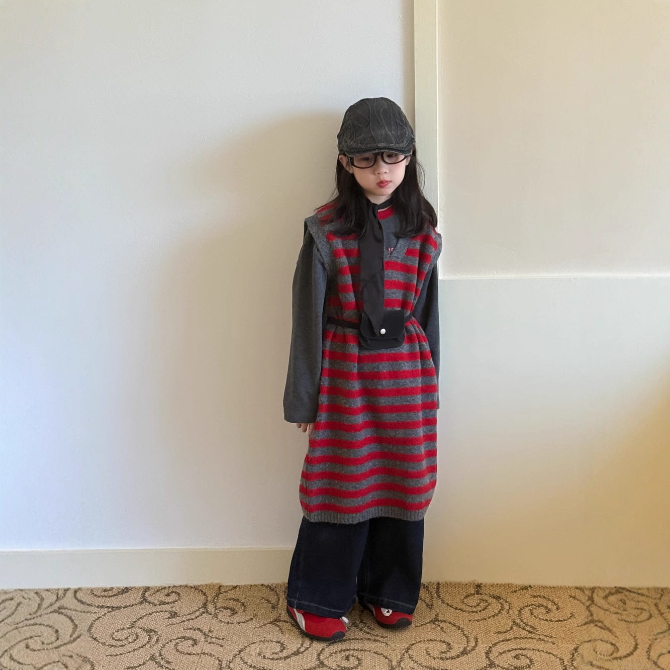 ノースリーブワンピース レッドボーダー柄ニットベストワンピース【mh0010935】