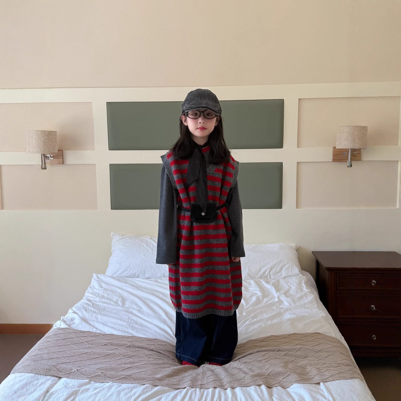 ノースリーブワンピース レッドボーダー柄ニットベストワンピース【mh0010935】